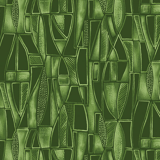 Luminescent Leaves - Tonal Geo Green - Ann Lauer, Grizzley Gulch Gallery - Benartex Fabrics