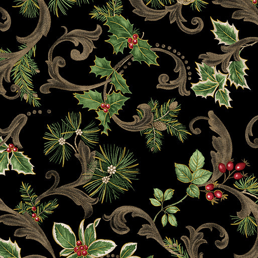 Winter In The Pines - Magic Scroll Pine Black - Jackie Robinson - Benartex Fabrics