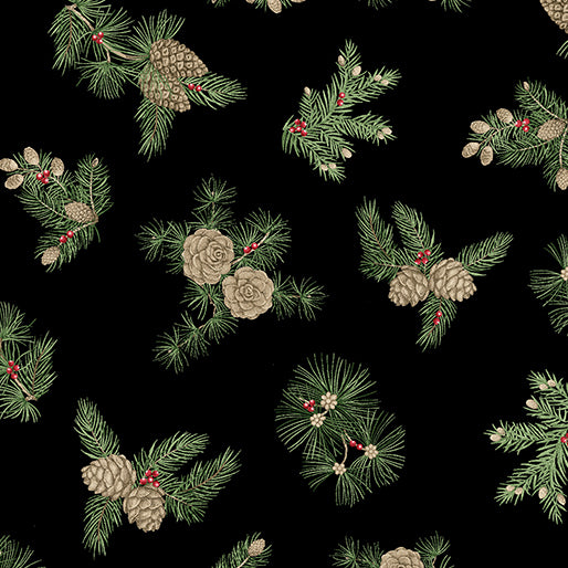 Winter In The Pines - Pine Cones Black - Winter In The Pines - Jackie Robinson, Animas Quilts - Benartex Fabrics