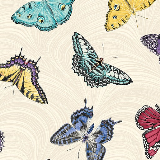Circle of Butterflies - Butterfly Nouveau Toss Cream/Multi - Jackie Robinson, Animas Quilt Design, Benartex Fabrics