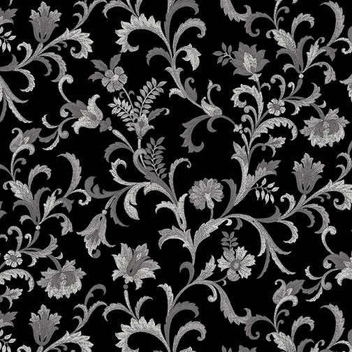 Benartex - Lilacs in Bloom - Gray Scroll on Black
