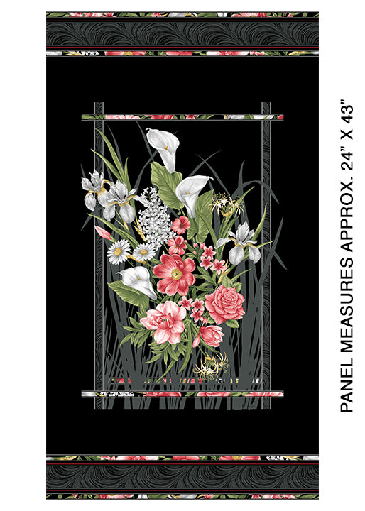 Magnificent Blooms - Floral Panel on Black - from Benartex