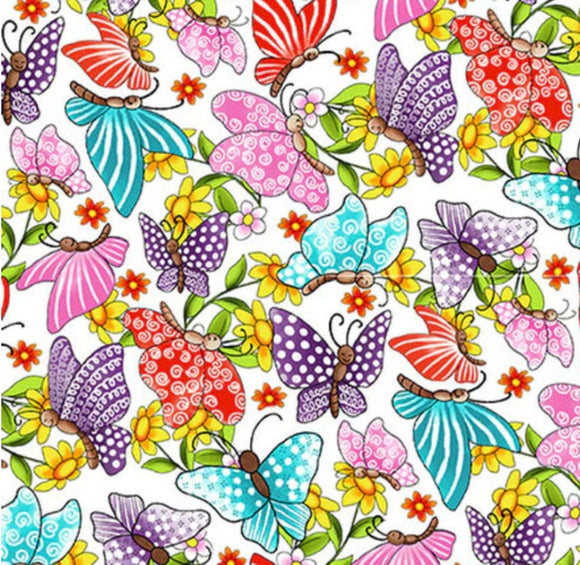 Pixie Patch, Butterflies on a White Background, Blank Quilting