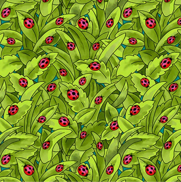 Pixie Patch Ladybugs on a Green Background, Blank Quilting